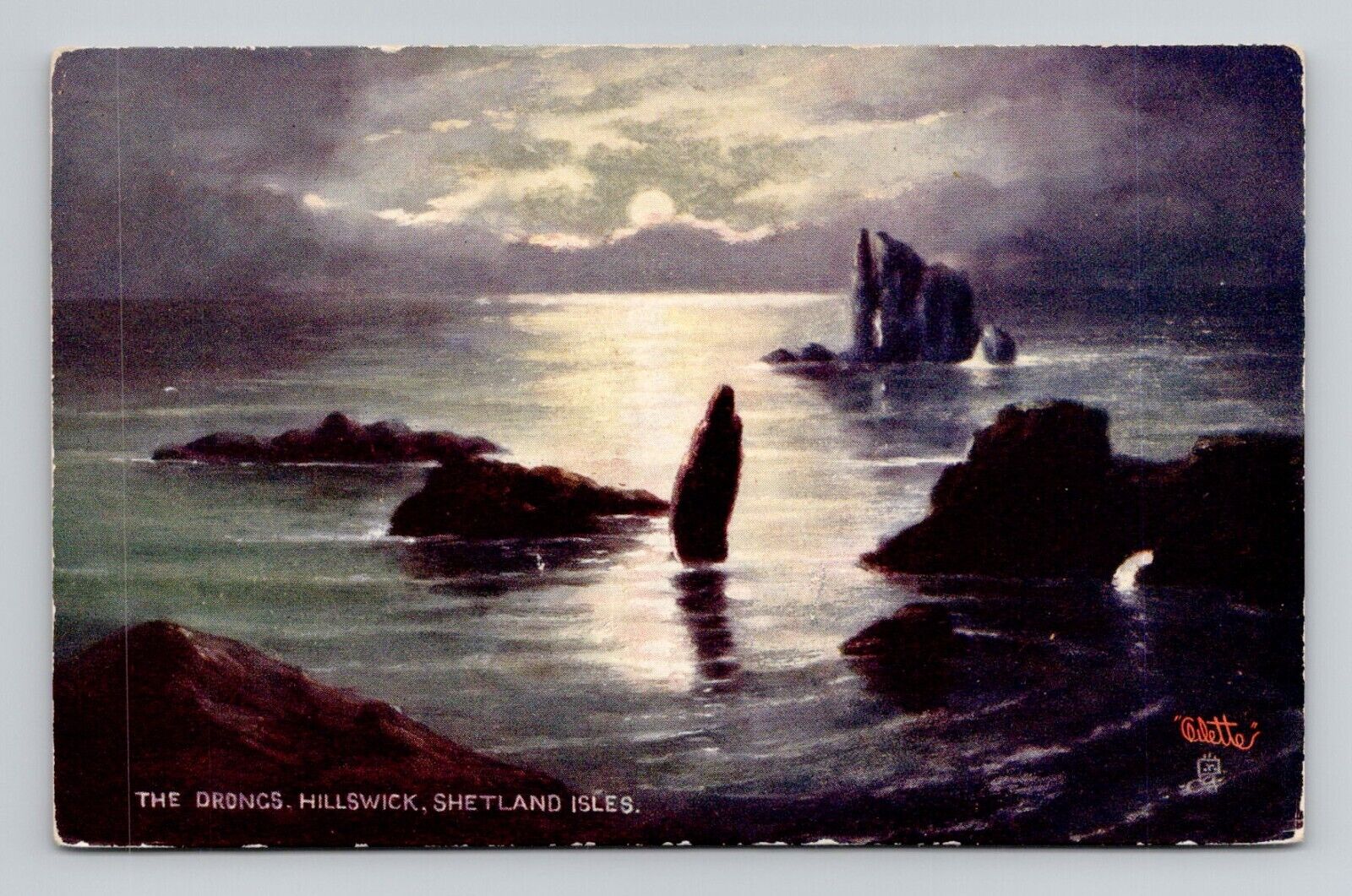 Postcard The Drongs Hillswick Shetland Isles Moonlit, Tuck Oilette Antique K2