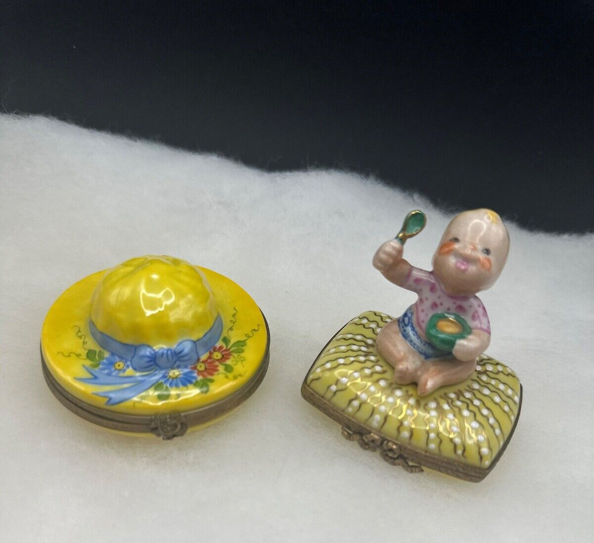 LOT OF 2 Peint Main Limoges Trinket Boxes SUN HAT & BABY Yellow Porcelain Signed