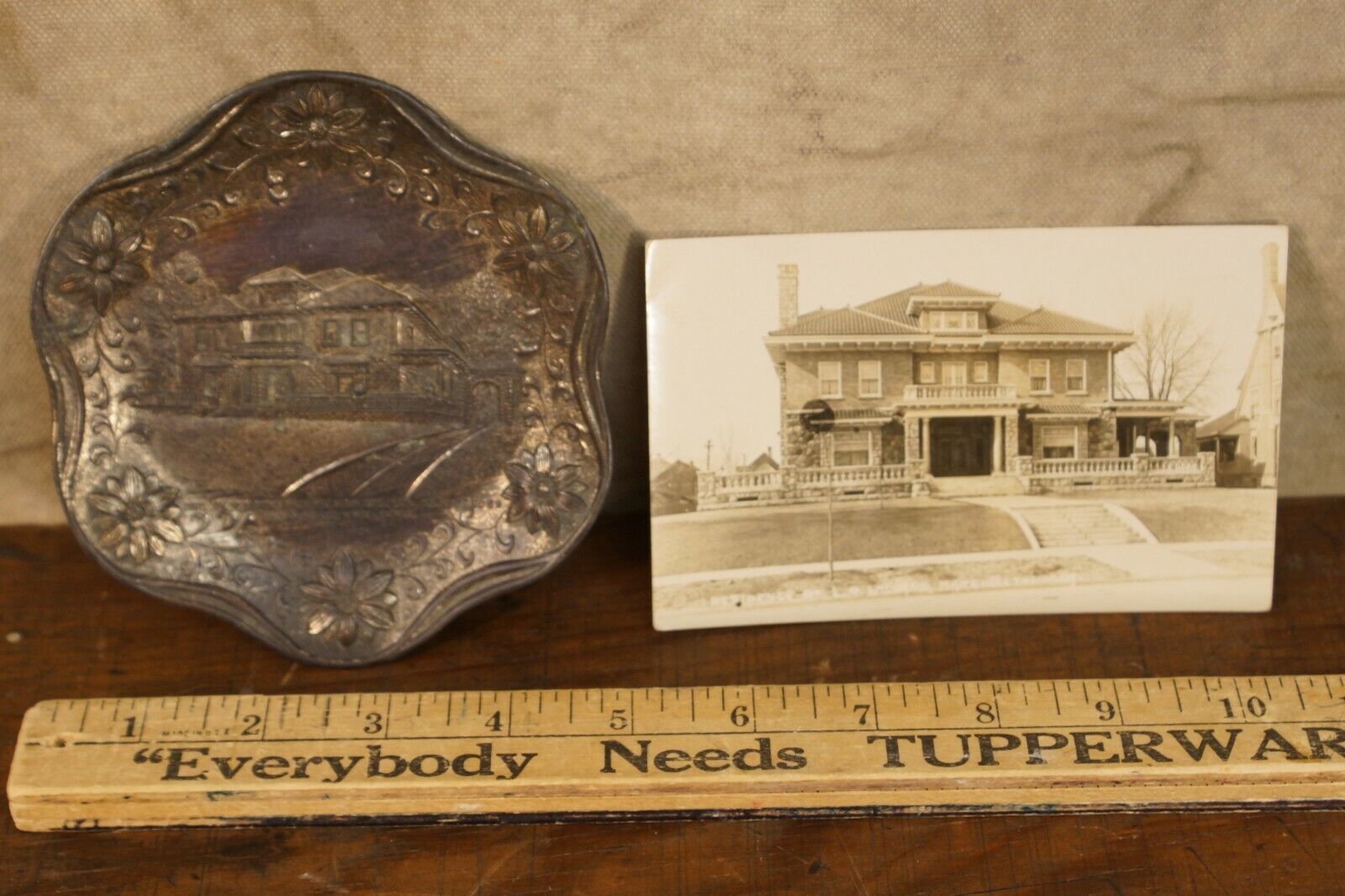 Antique Art Nouveau Willard Mansion Tray & Real Photo Postcard Marshalltown Iowa