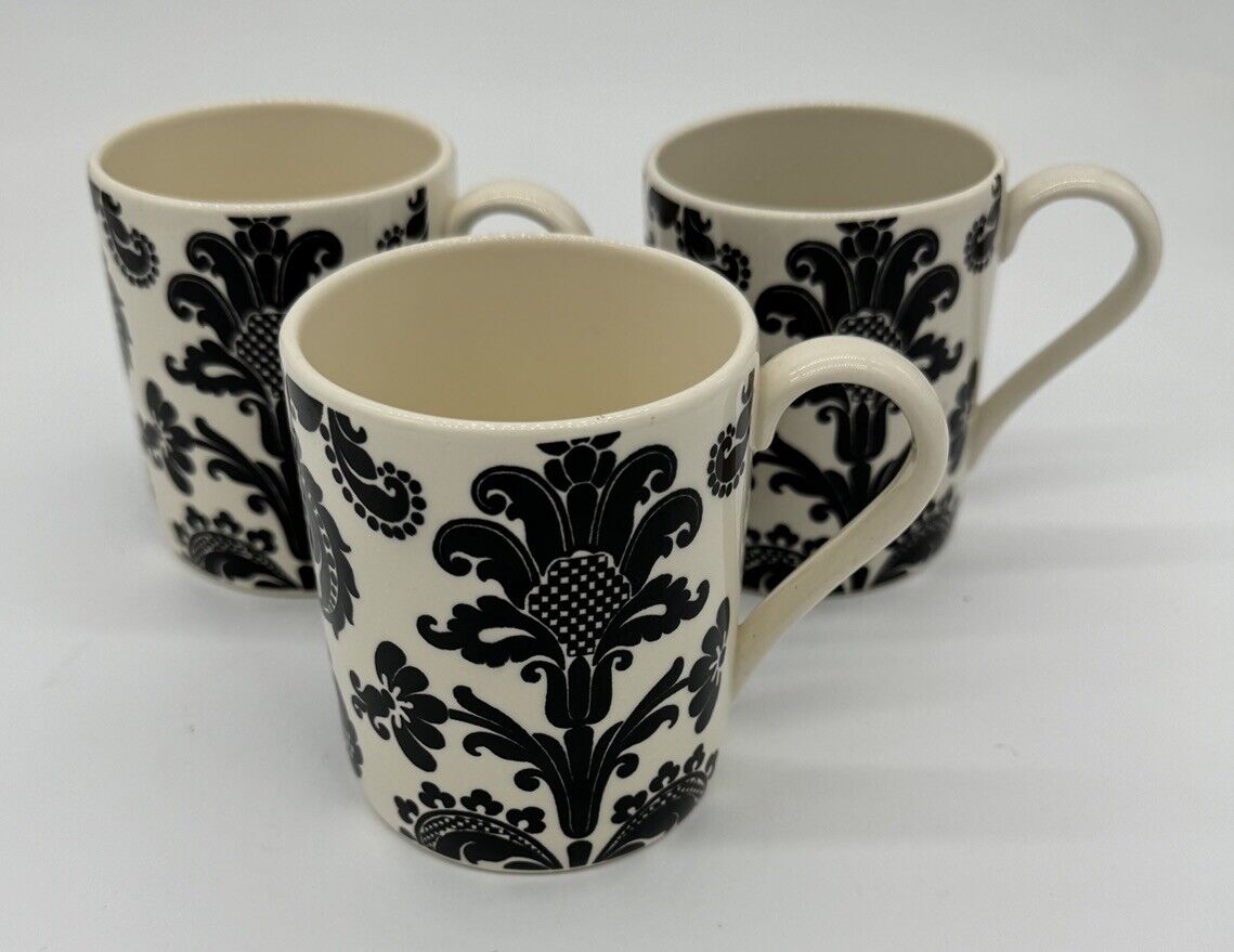 Vintage Black and White Coffee Mug Damask Design Made In England - Set Of 3