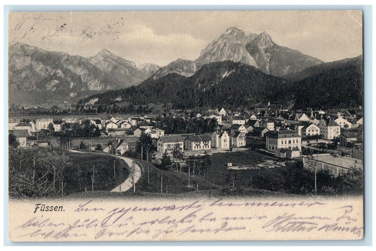 c1905 Mountains Houses Buildings View in Fussen Germany Antique Postcard