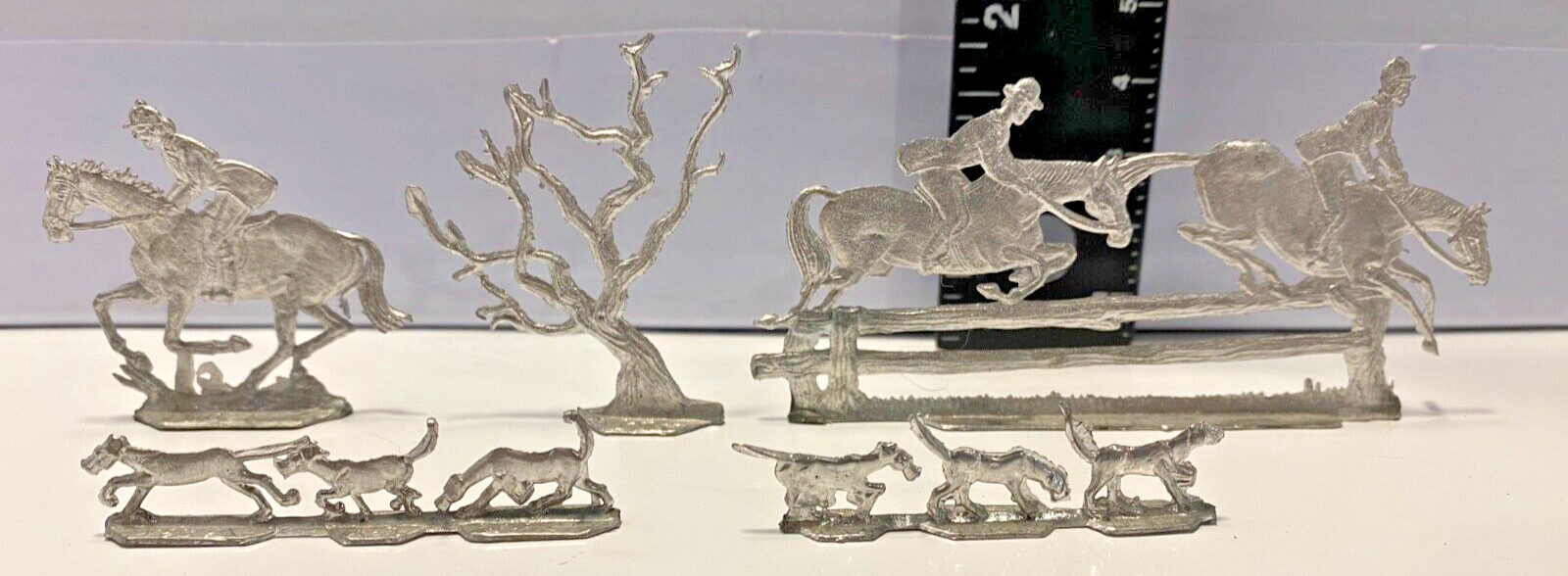 Set of 5 Vintage KZ Metal (Aluminum?) Miniatures Horses Dogs Tree