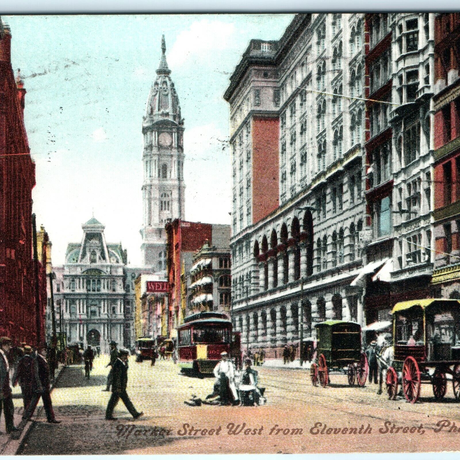 1909 Philadelphia PA Downtown Market Street View Main Trolley St Horse Wagon A18