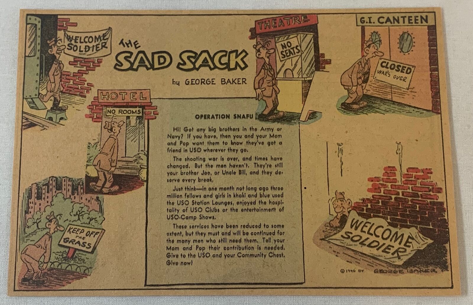 1946 George Baker Operation Snafu USO cartoon ad ~ FIRST SAD SACK APPEARANCE