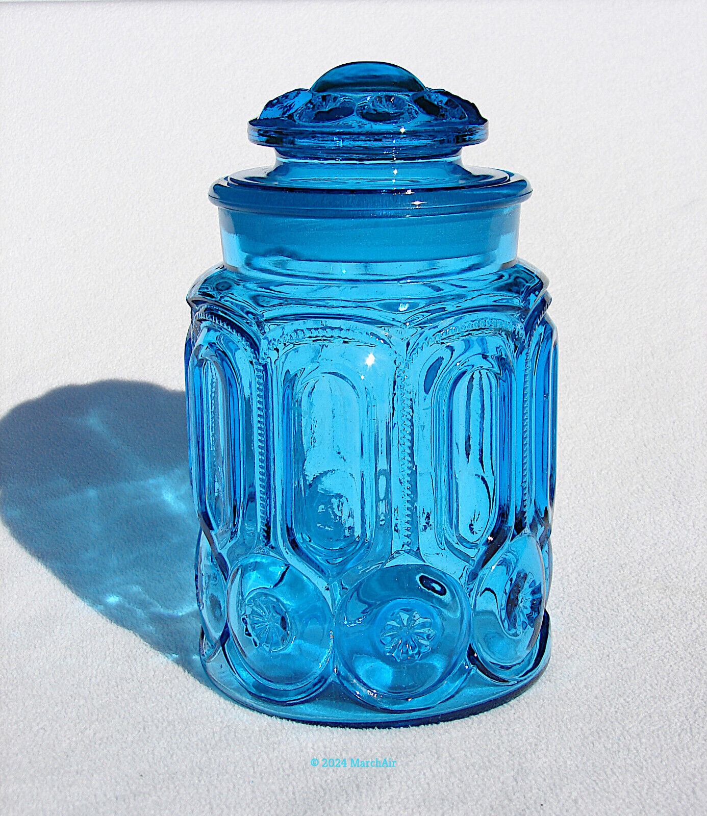 Moon & Star Canister Jar by L E Smith 9 1/2 inches Medium Tall Colonial Blue Jar
