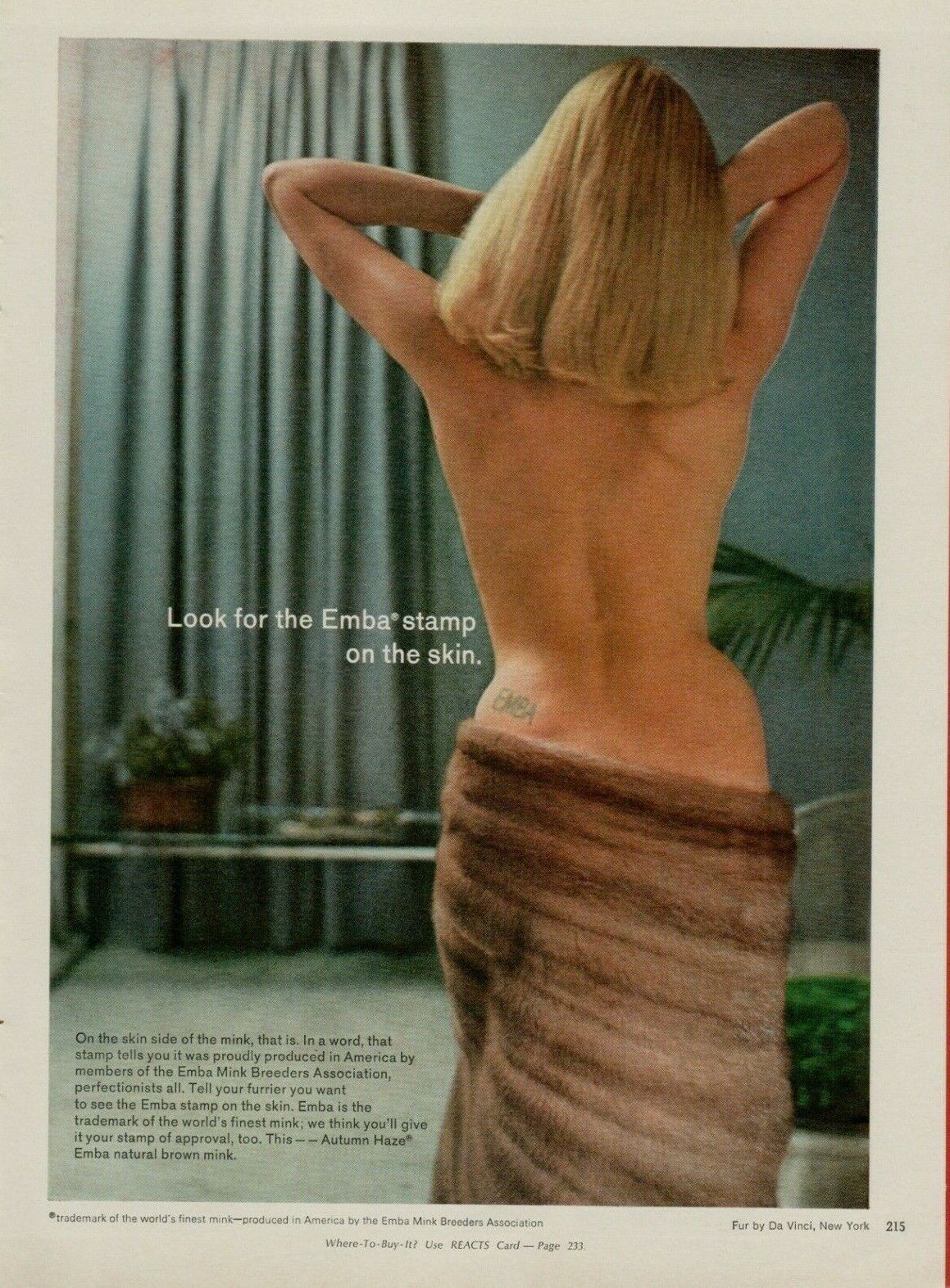 1969 Emba Mink Breeders Stamp on the Skin Naked Blonde Model Vintage Print Ad