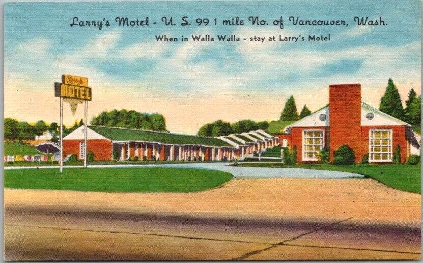 Vancouver, Washington Postcard LARRY\'S MOTEL Highway 99 Roadside Linen c1950s