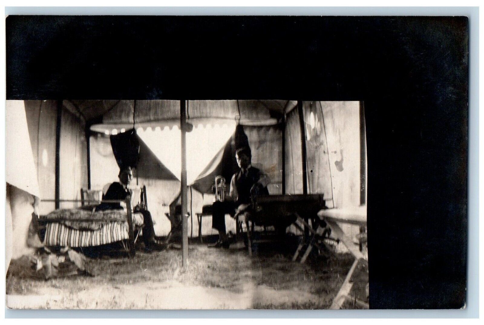 Trumpet Postcard RPPC Photo Musicians In Tent Music c1910's Antique Unposted