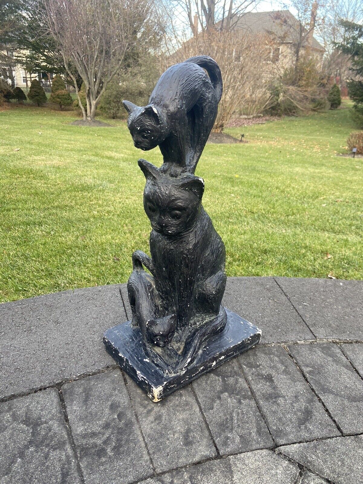 1970 S. Djalazov Three Black Cats Sculpture Figure Heavy Statue 22\