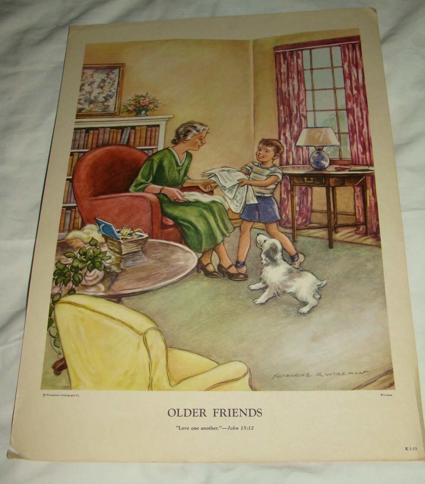 Vtg 1950s OLDER FRIENDS Grandmother Boy Sunday School Providence Litho Art Print