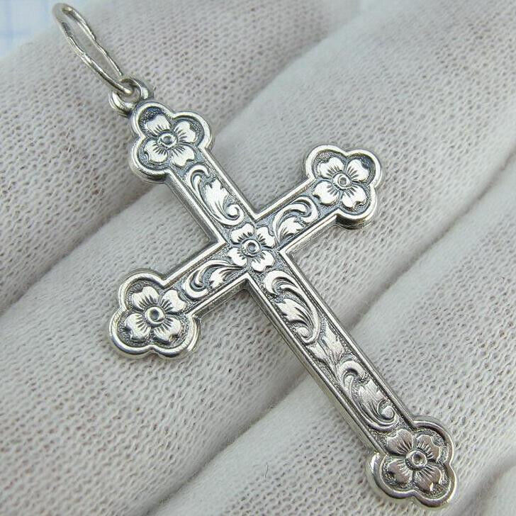 925 Sterling Silver Cross Pendant Necklace Floral Plant Pattern Trefoil Design