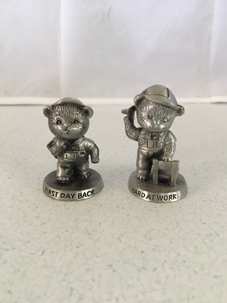 2 VINTAGE AVON FINE PEWTER TEDDY BEAR FIGURES -HARD AT WORK & FIRST DAY BACK