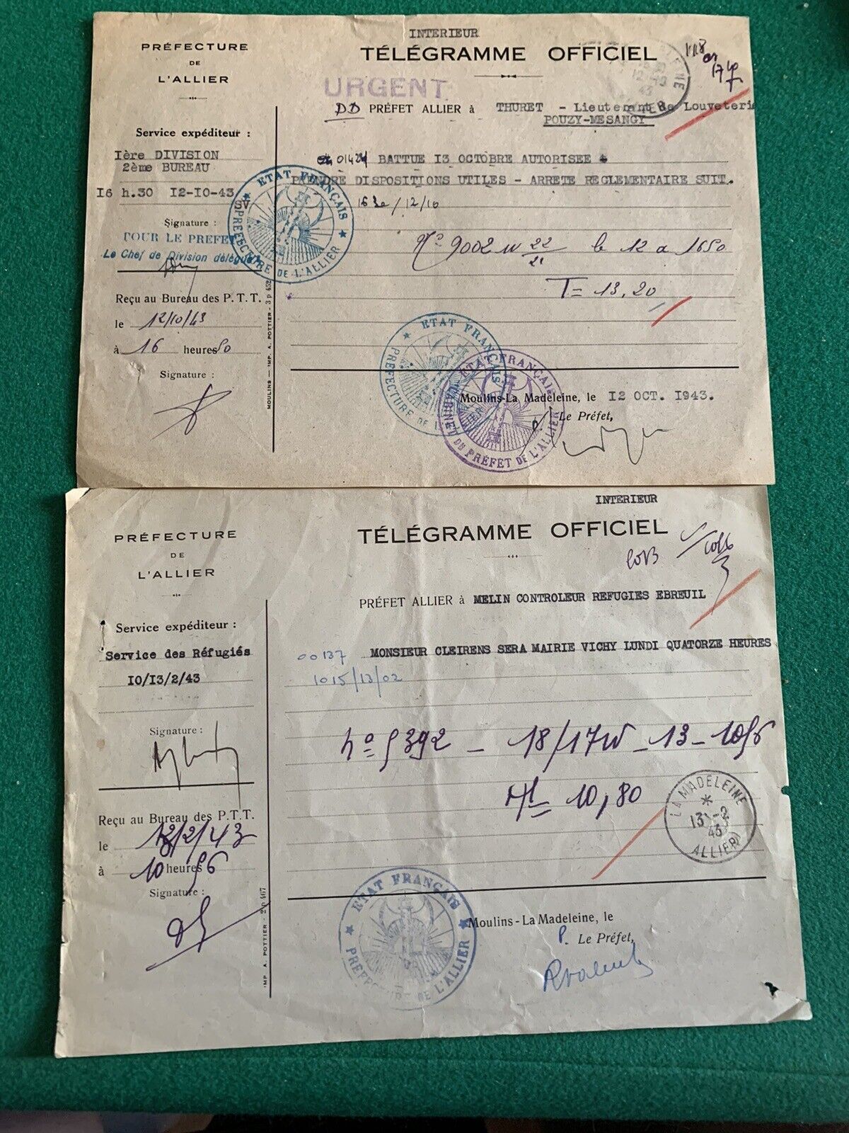 VICHY DOCUMENTS: 2 TELEGRAMS PREFECT OF MILLS 1943 STAMPS CODES WW2 A