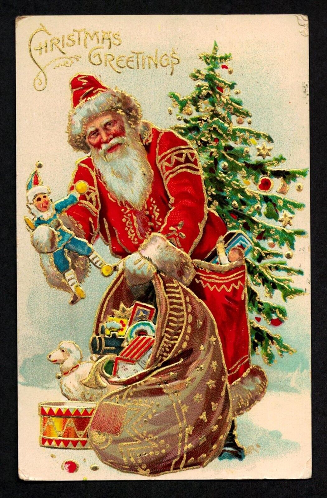 6003 Antique Vintage Christmas Postcard Santa Gold Gild Tree Toys Jester BURGOON