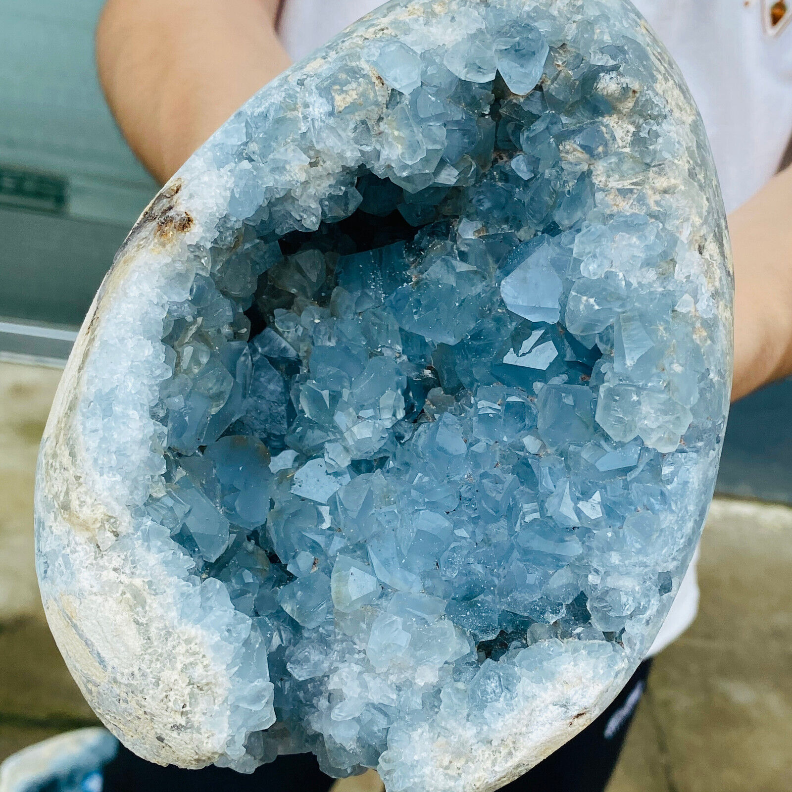 6.99LB natural blue celestite geode quartz crystal mineral specimen healing.
