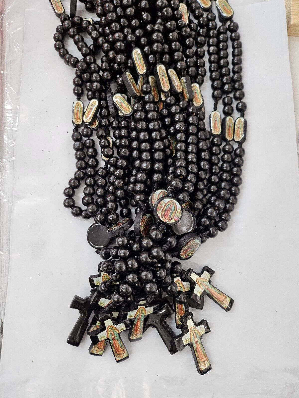 Set Of 12 X Virgin Mary Rosary Wooden Black / Rosario Virgen de Guadalupe Negro 