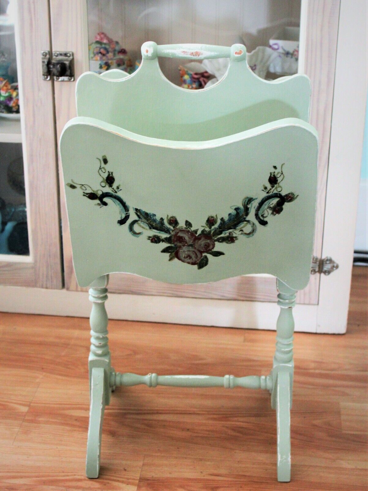 Vintage french shabby Magazine Rack Shabby Chic Hand Painted Floral Antique