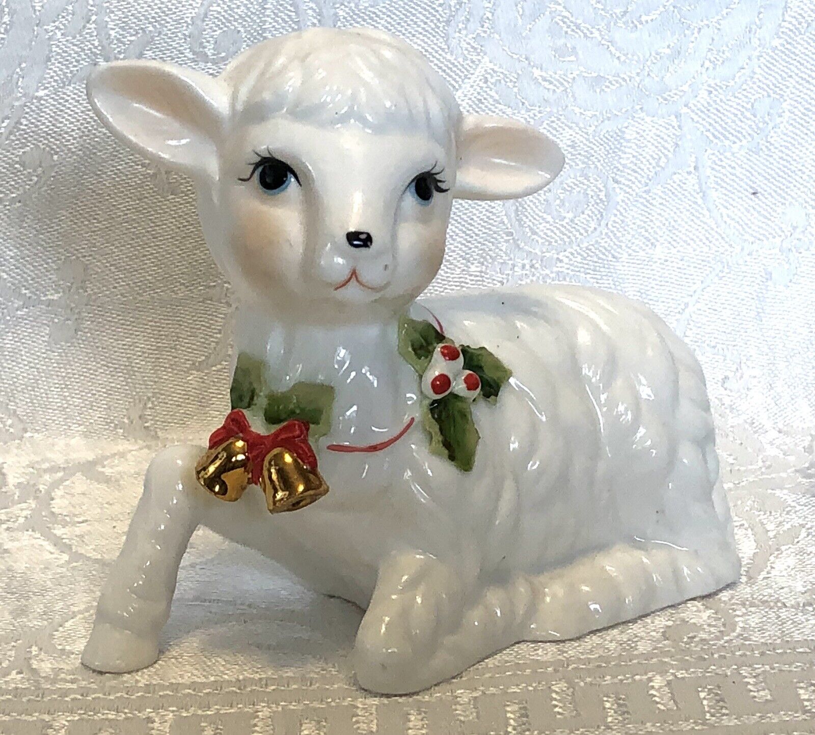 Vintage Christmas Sheep Lamb Figurine Holly & Gold Tone Bells Ceramic 3.5” H