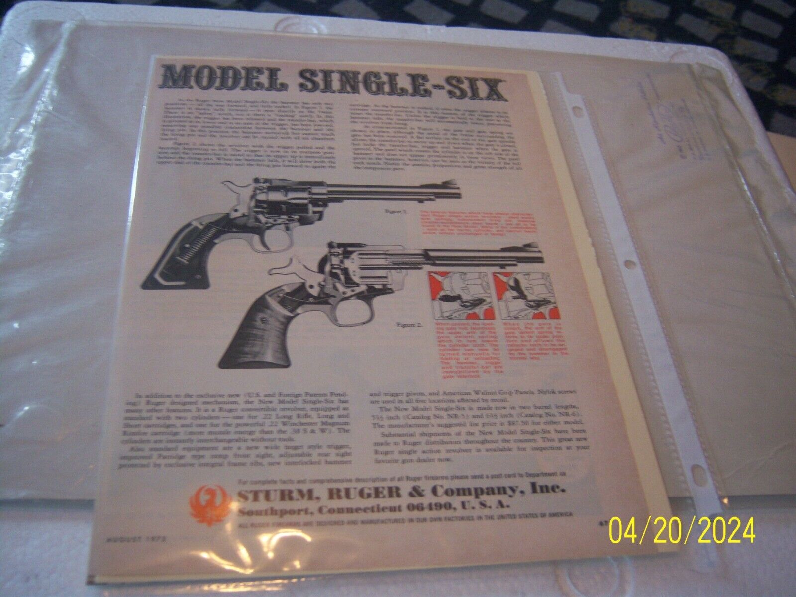 Model Single Six Revolver Sturm Ruger & Co.  Magazine Clipping Ad 1973