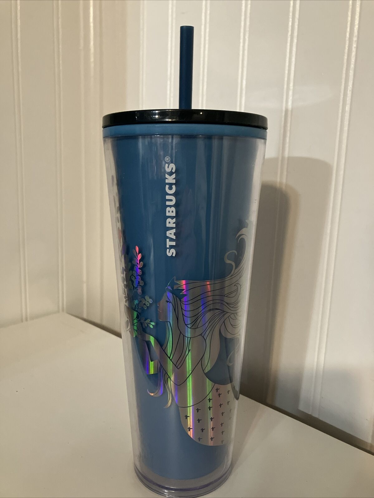 Starbucks Mermaid Tumbler Blue Chages Color 24oz Silver New