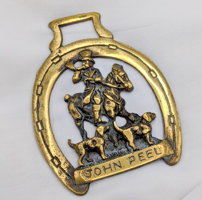 Brass Horse Medallion Vintage English John Peel Fox Hunt Horseshoe Show Parade