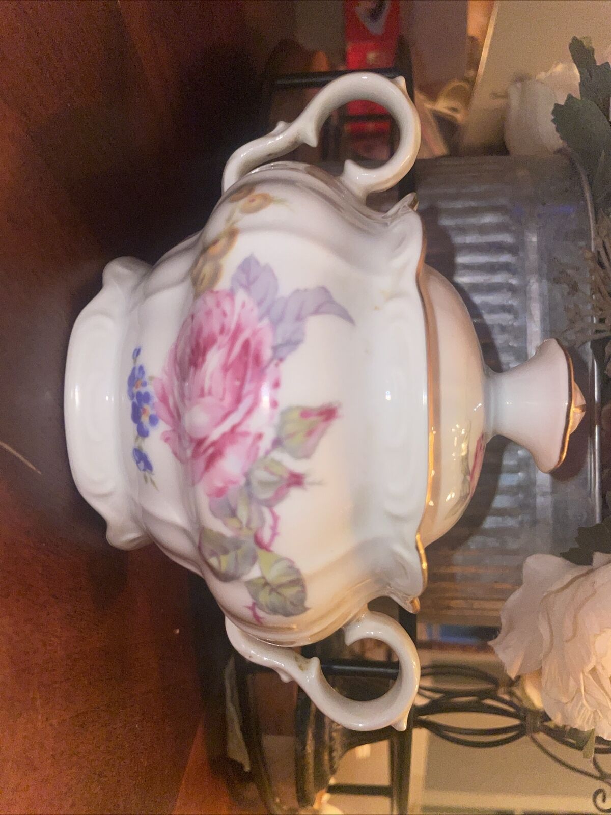 Vintage Fine Bohemian China Sugar Bowl with Lid Czechoslovakia Pink Rose Pattern