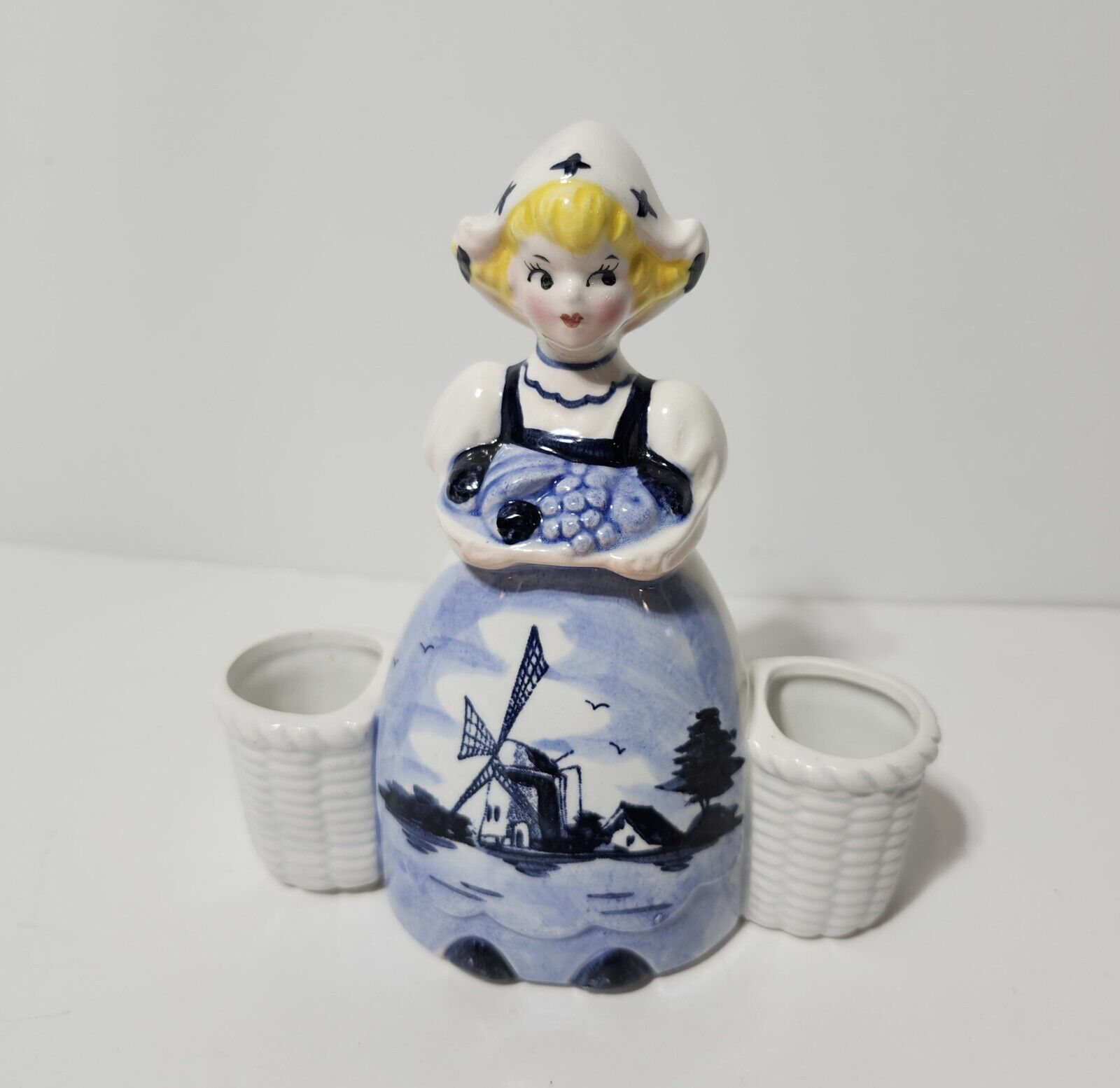 Dutch Girl Toothpick Holder  Blue White Porcelain Ceramic 