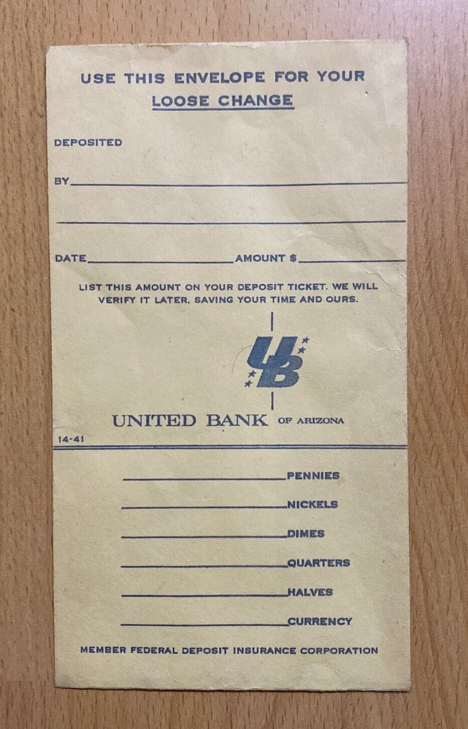 Vintage 1980 United Bank Of Arizona Deposit Envelope For Change Coins Paper