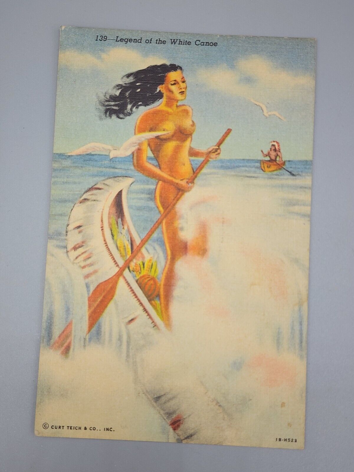 Legend of the White Canoe Niagara Falls New York Linen Postcard Native American 