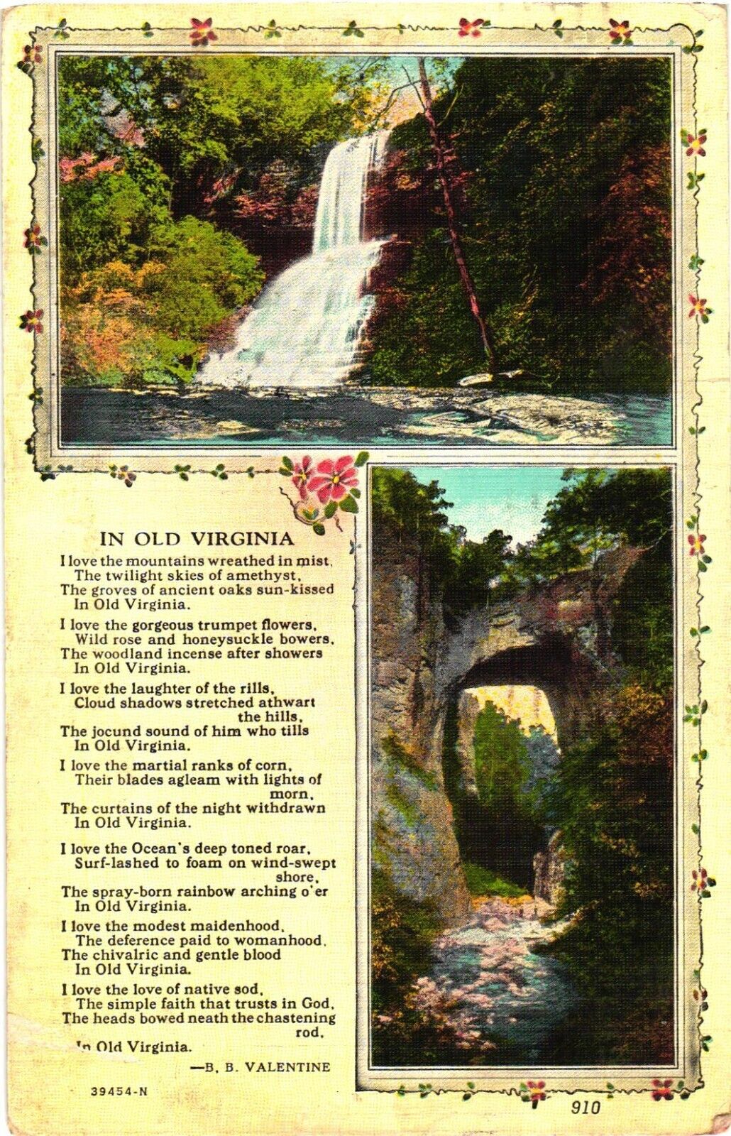 Beautiful Falls and Natural Bridge, In Old Virginia Poem Postcard