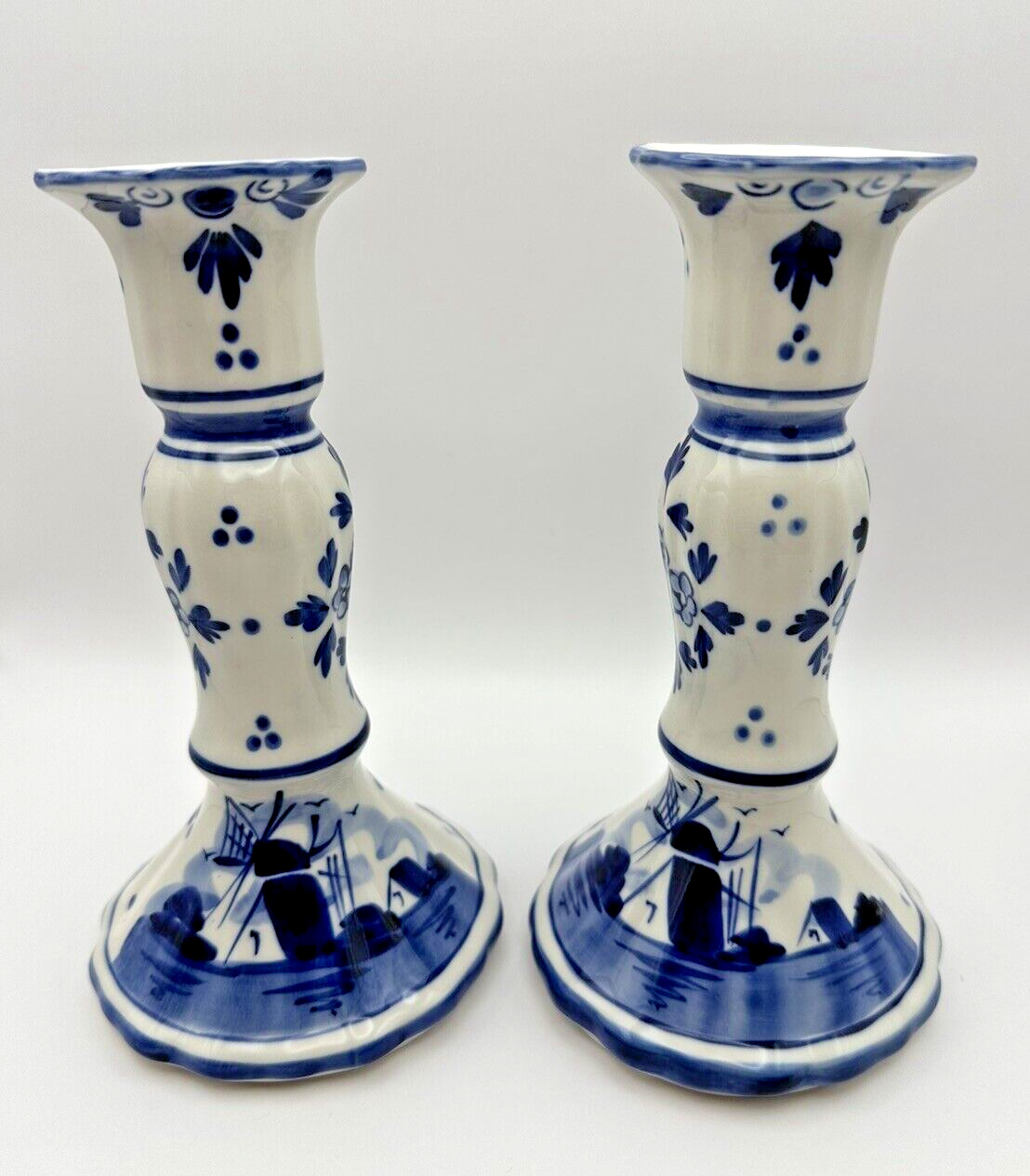 Vintage Delft PAIR Candle Stick Holders Blue & White 7.25” Tall Handpainted
