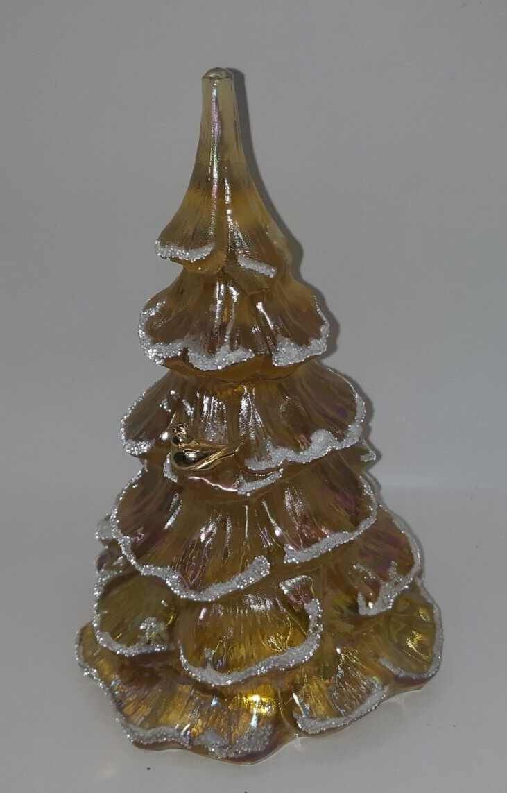 VINTAGE LARGE FENTON GOLD & WHITE ART GLASS CHRISTMAS TREE W/ BIRD $79.99