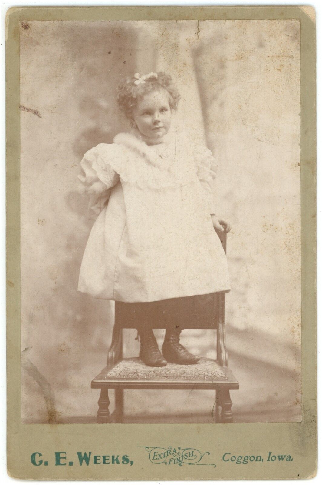 Antique Circa 1880s Cabinet Card Weeks Sweet Little Girl on Chair Coggon, IA