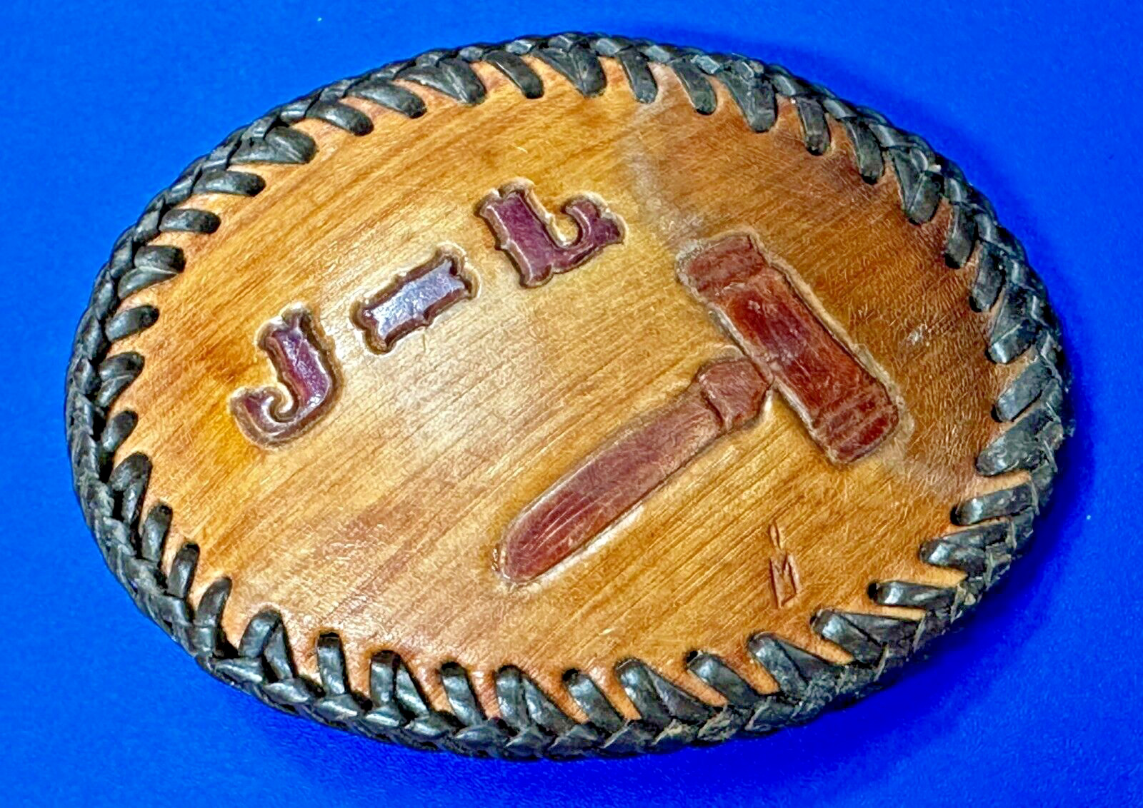 J-L Letter Initial Judge's Gavel Vintage Artisan Hand Stitched Oval Belt Buckle