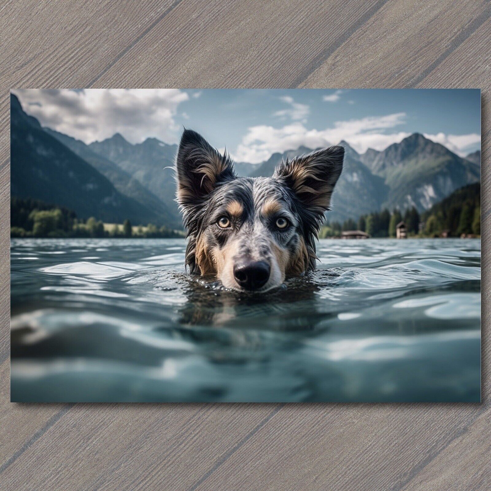 POSTCARD: Playful Dog Enjoying a Refreshing Swim Amidst Majestic Mountains 🐾🏞️
