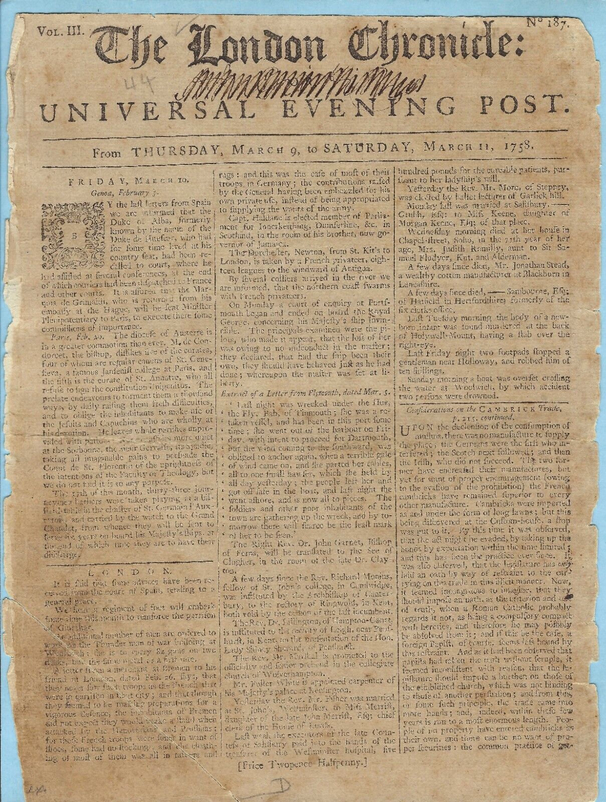 London Chronicle & Universal Evening Post, 1758