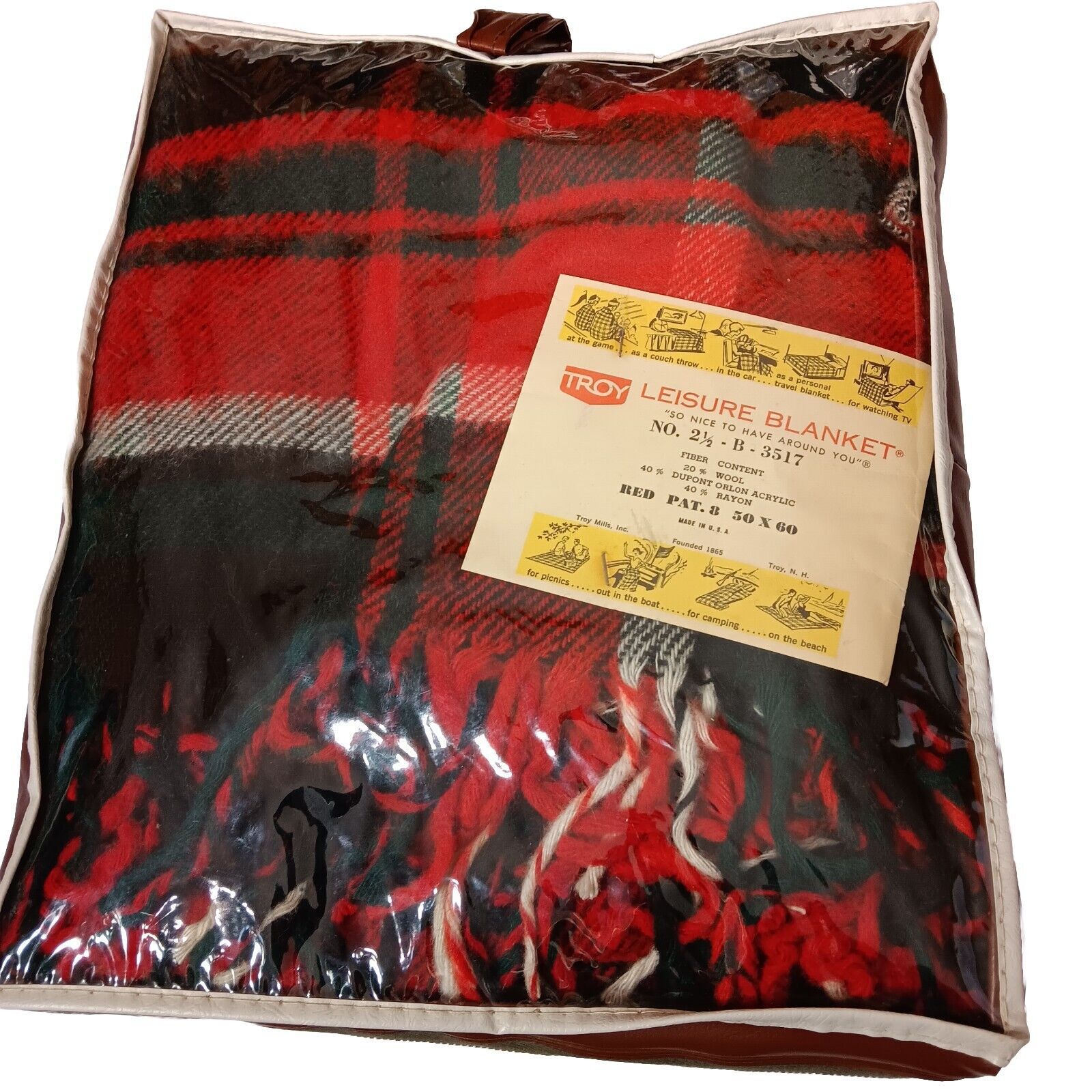 Troy Leisure Blanket Wool Blend Red Plaid Fringe NOS No 2 1/2 B3517 Vintage NOS