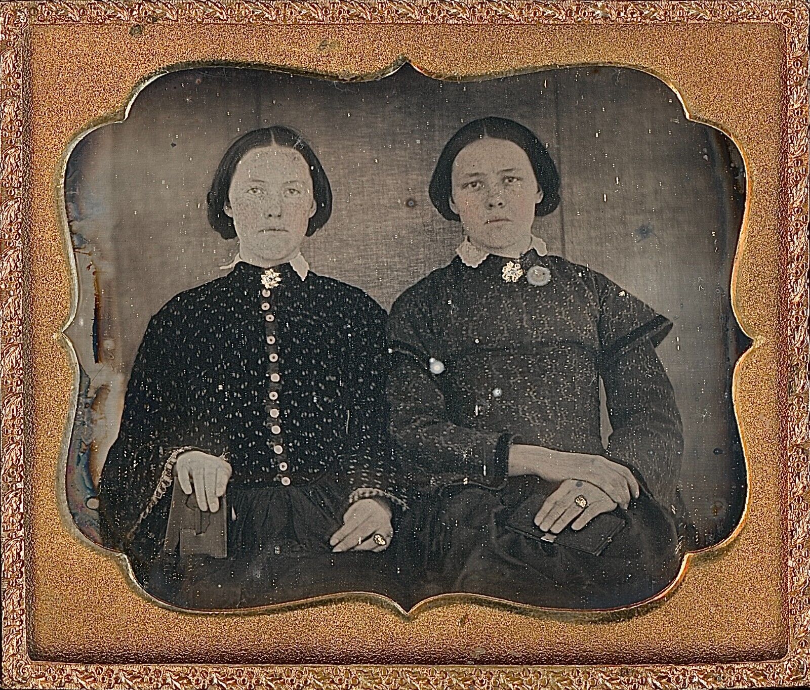 Identified Young Sisters Gold Tinted Wedding Rings 1/6 Plate Daguerreotype S182