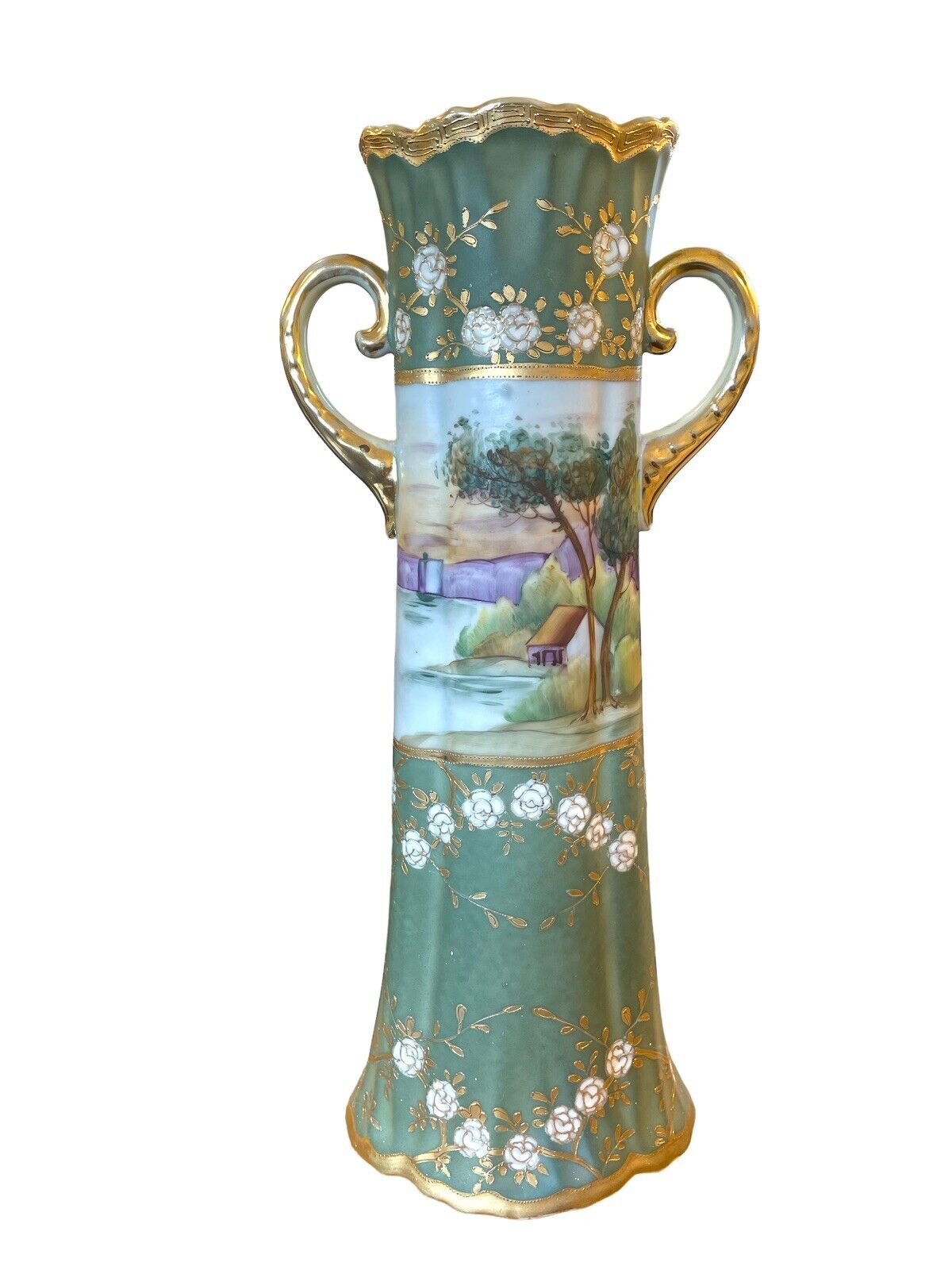 Vintage IE & C. Co. Japan Hand Painted Gold Moriage Floral Country Scenic 14”