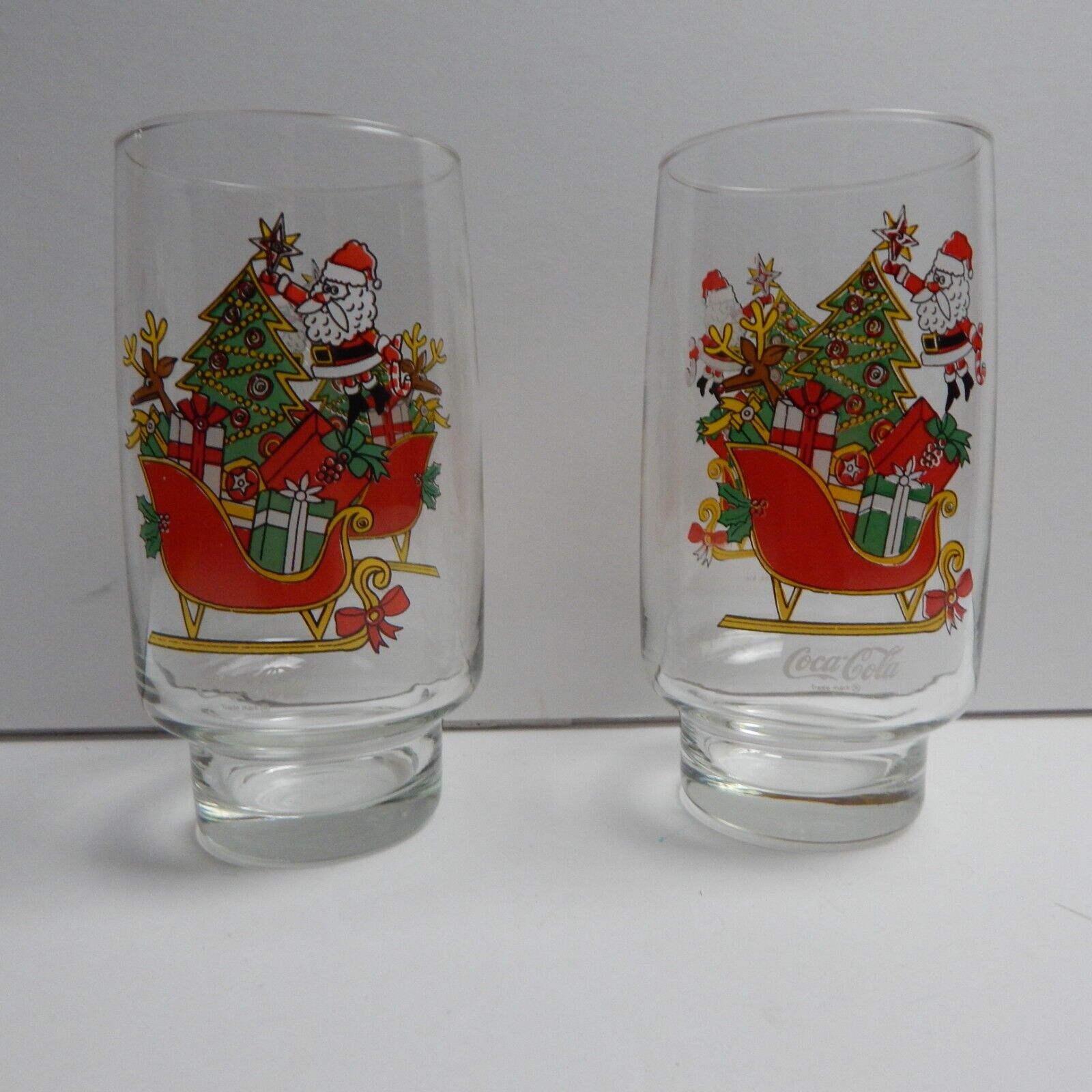 VINTAGE COCA COLA Christmas Santa Sleigh Drinking Glasses, Set Of 2 Collectors
