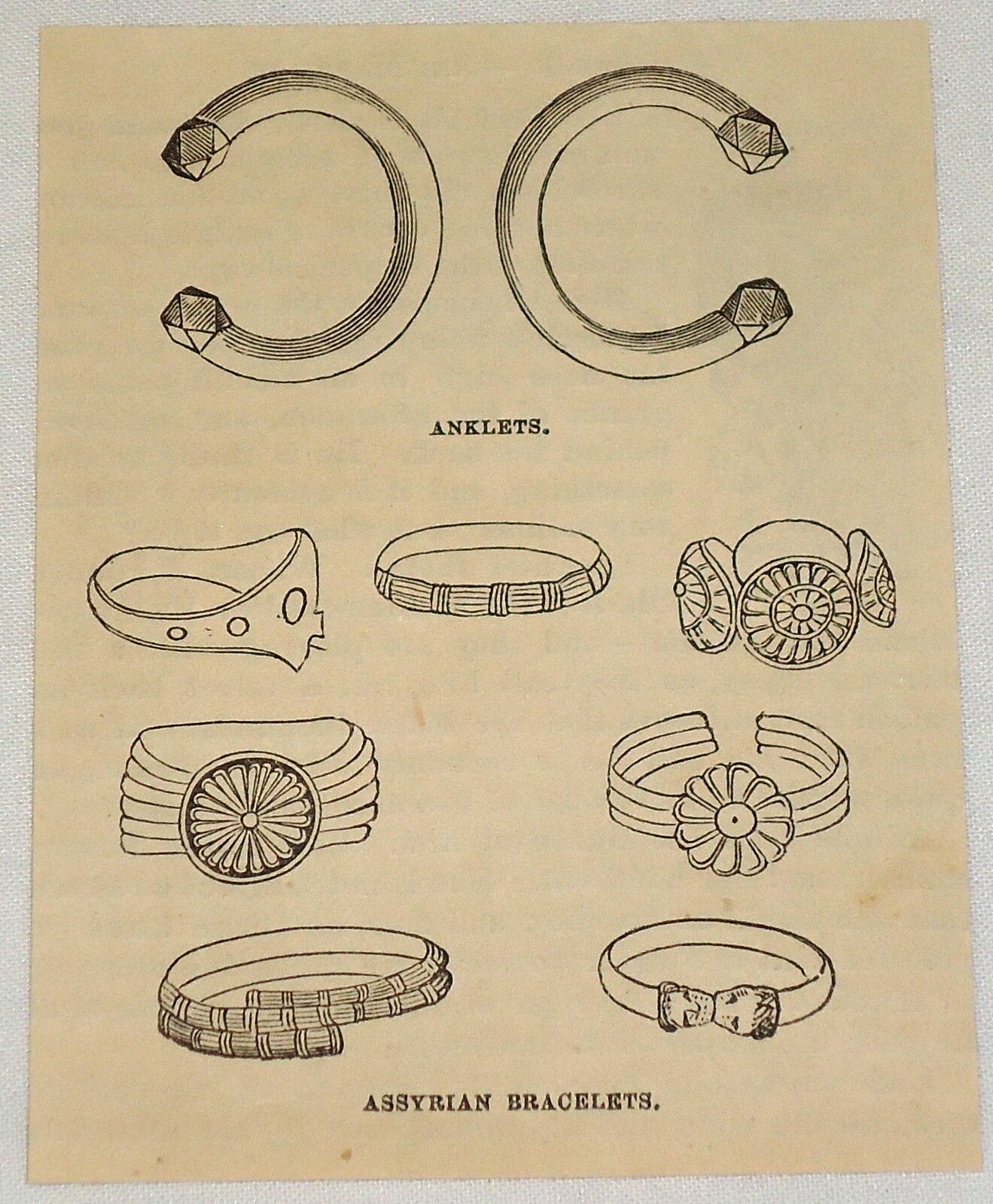 small 1881 magazine engraving ~ ASSYRIAN ANKLETS AND BRACELETS