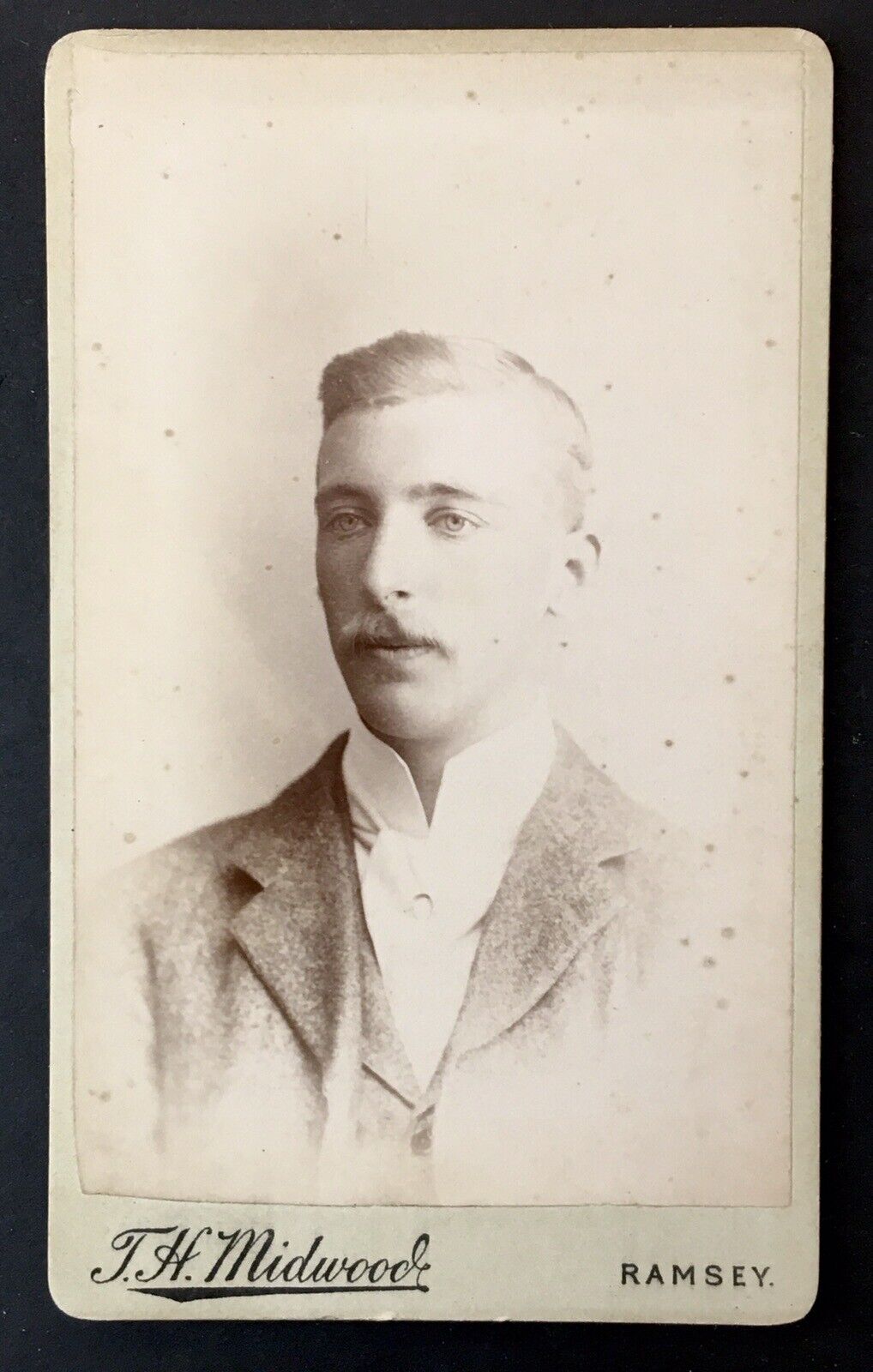 Antique CDV of Dapper Moustache Man Pursed Lips  T.H. Midwood Ramsey Isle of Man