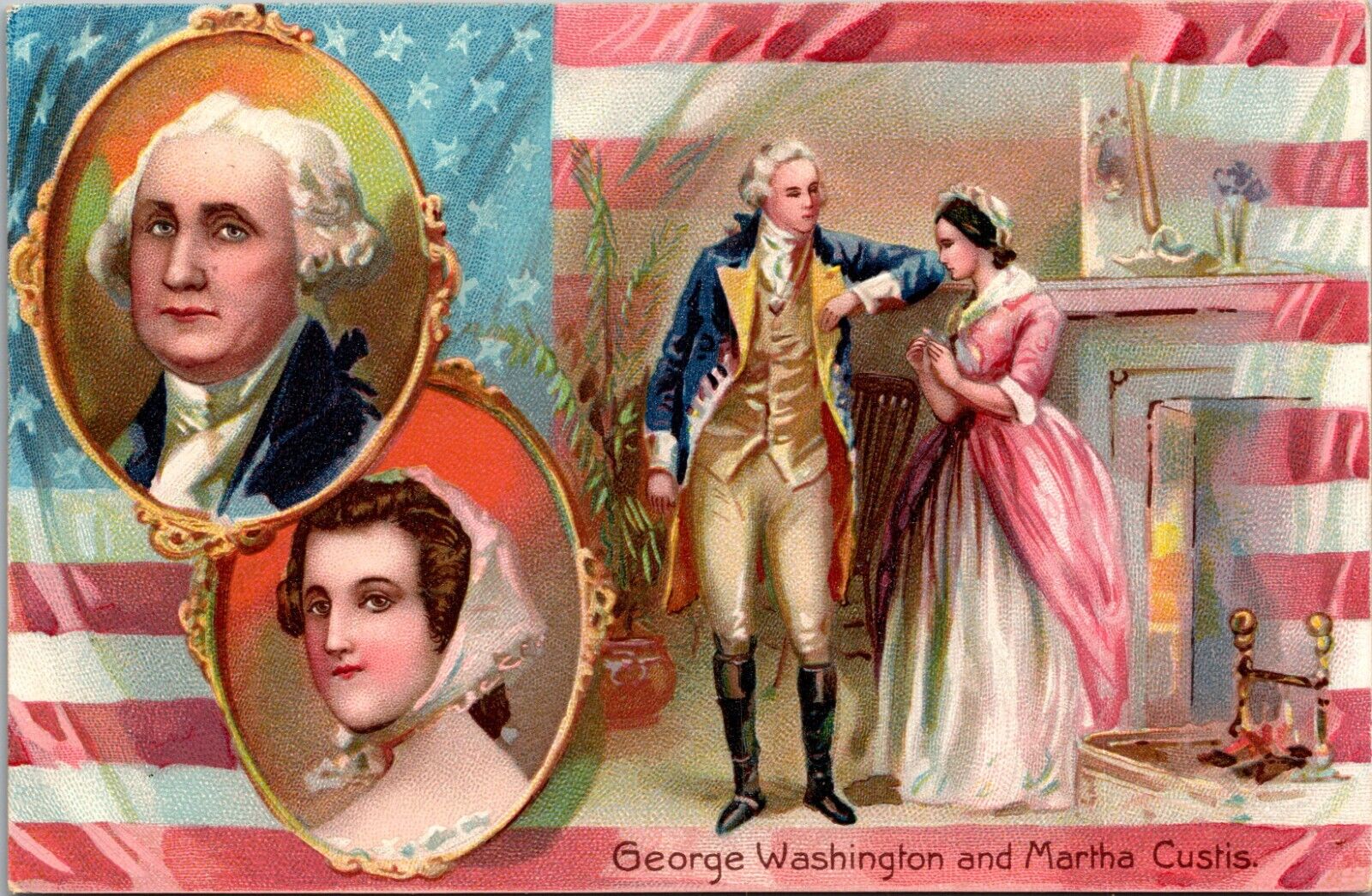 Patriotic Postcard Tuck George Washington Oval Portrait Martha Custis Flag 124
