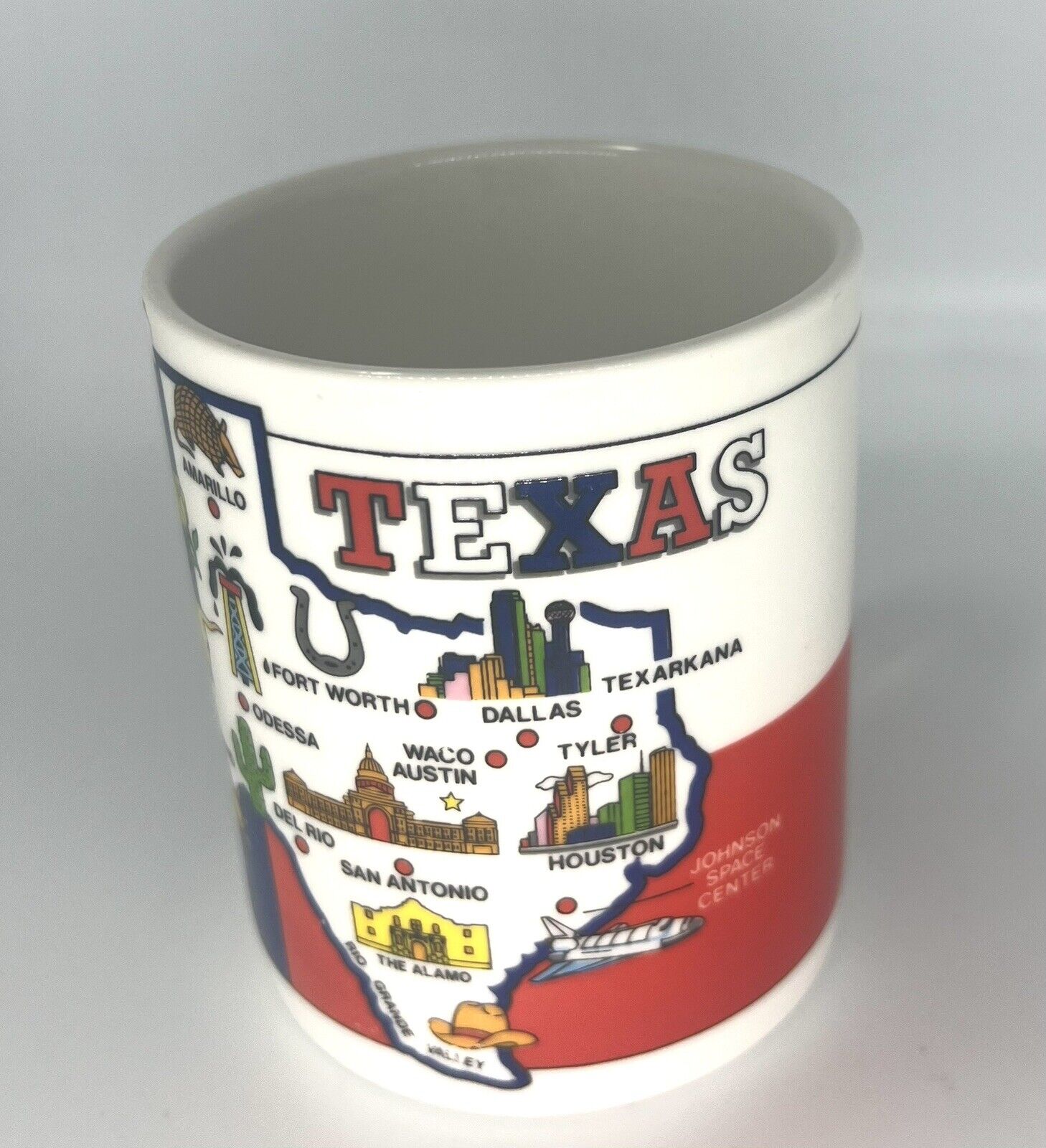 Texas The Lone Star State Blue Red White  Mug Cup with Map of Texas Major Cities
