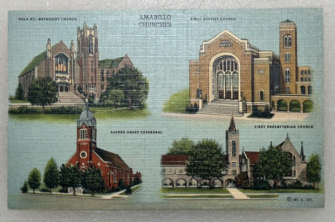 Vintage Linen Unused Postcard Amarillo Churches Texas Baptist Methodist Curteich