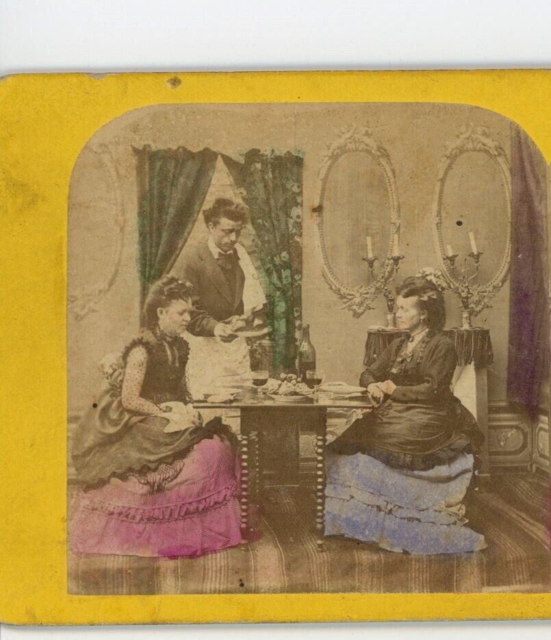 Women Being Served Fruit Wine - Genre Victorian Stereoview