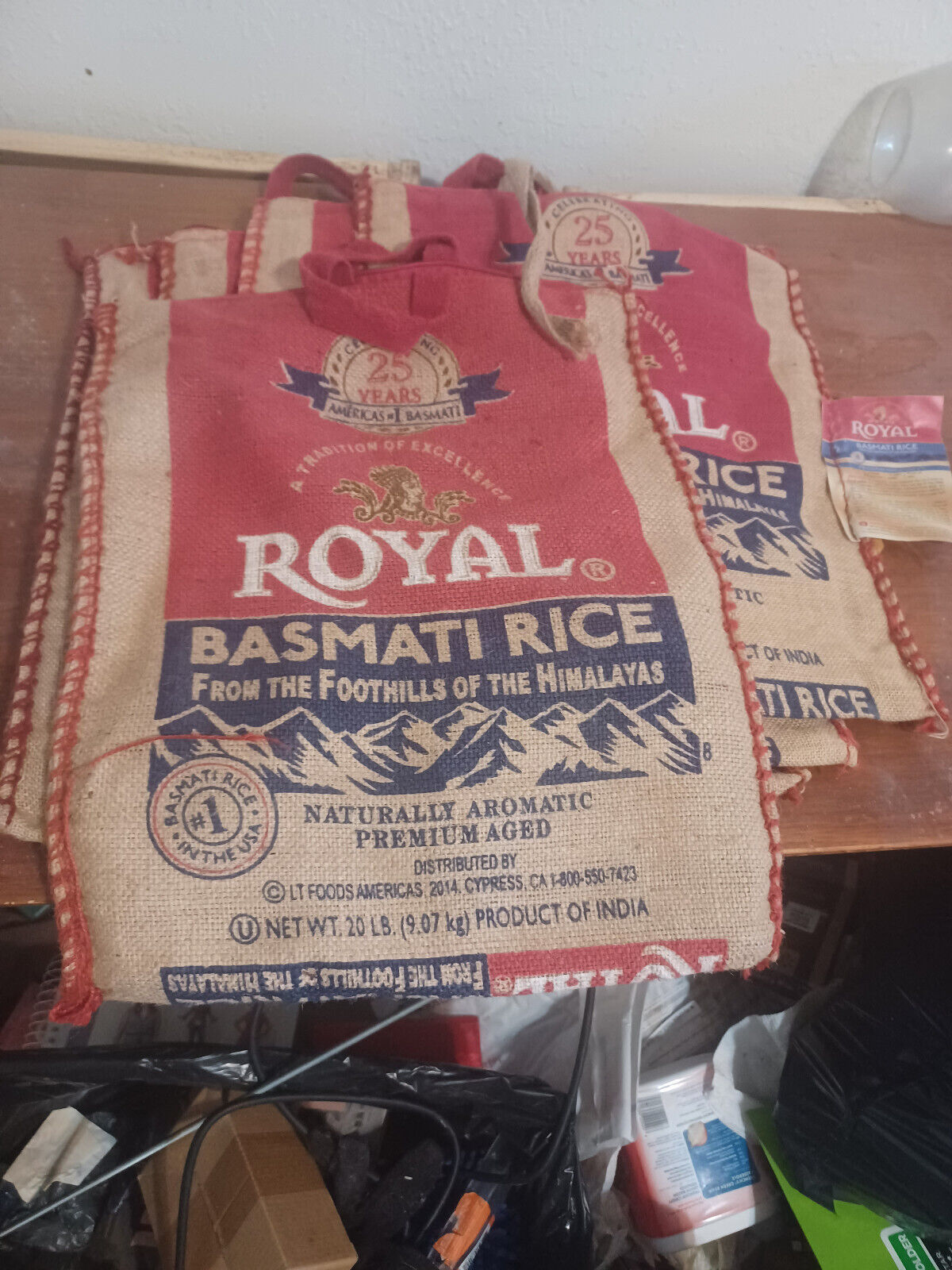 Lot of 5 ROYAL BASMATI Empty Rice Bag Burlap Sack Craft Tote w/ Zipper & Handles