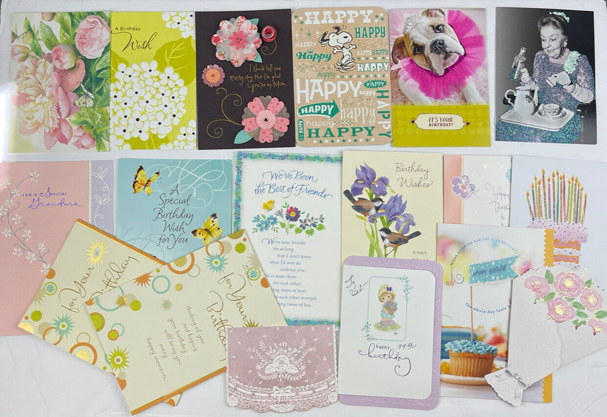 Lot of 18 Birthday Greeting Card Flowers Precious Moment Girl Snoopy Dog Cupcake
