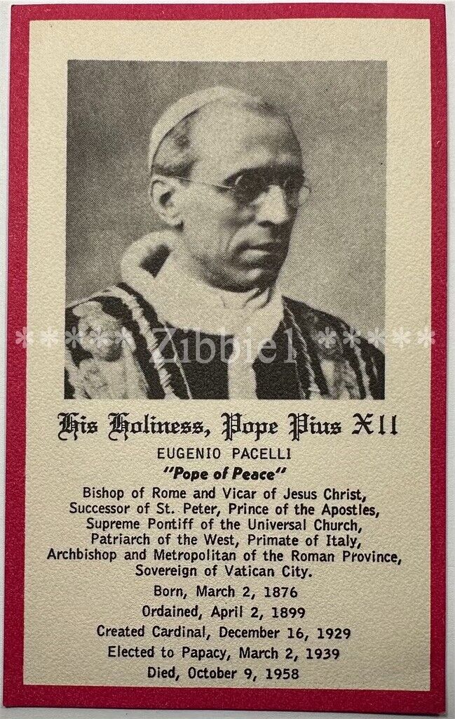 His Holiness Pope Pius XII, Vintage 1958 Holy Devotional Prayer Card.
