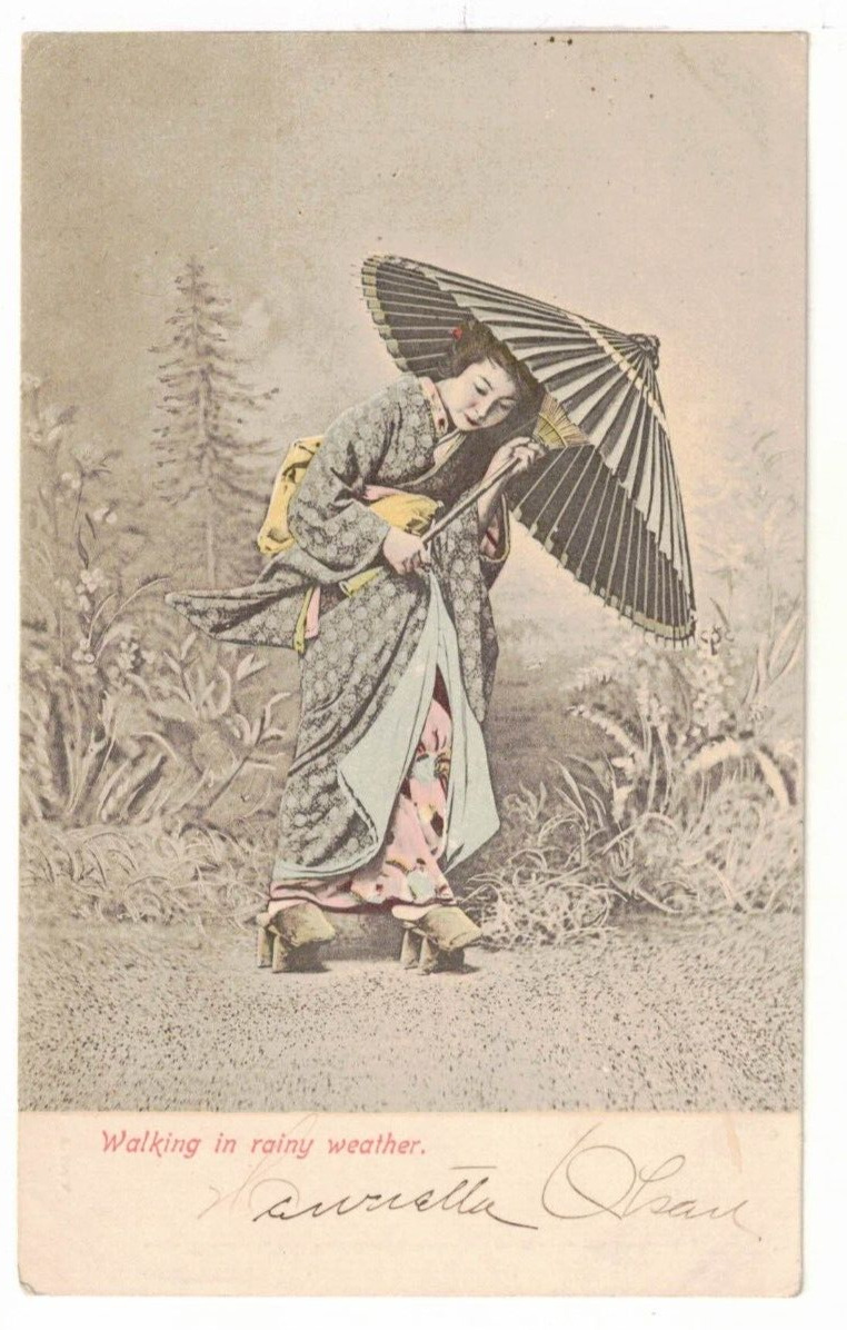 c1905 UDB PC: Japanese Woman with Umbrella Walking in Rainy Weather
